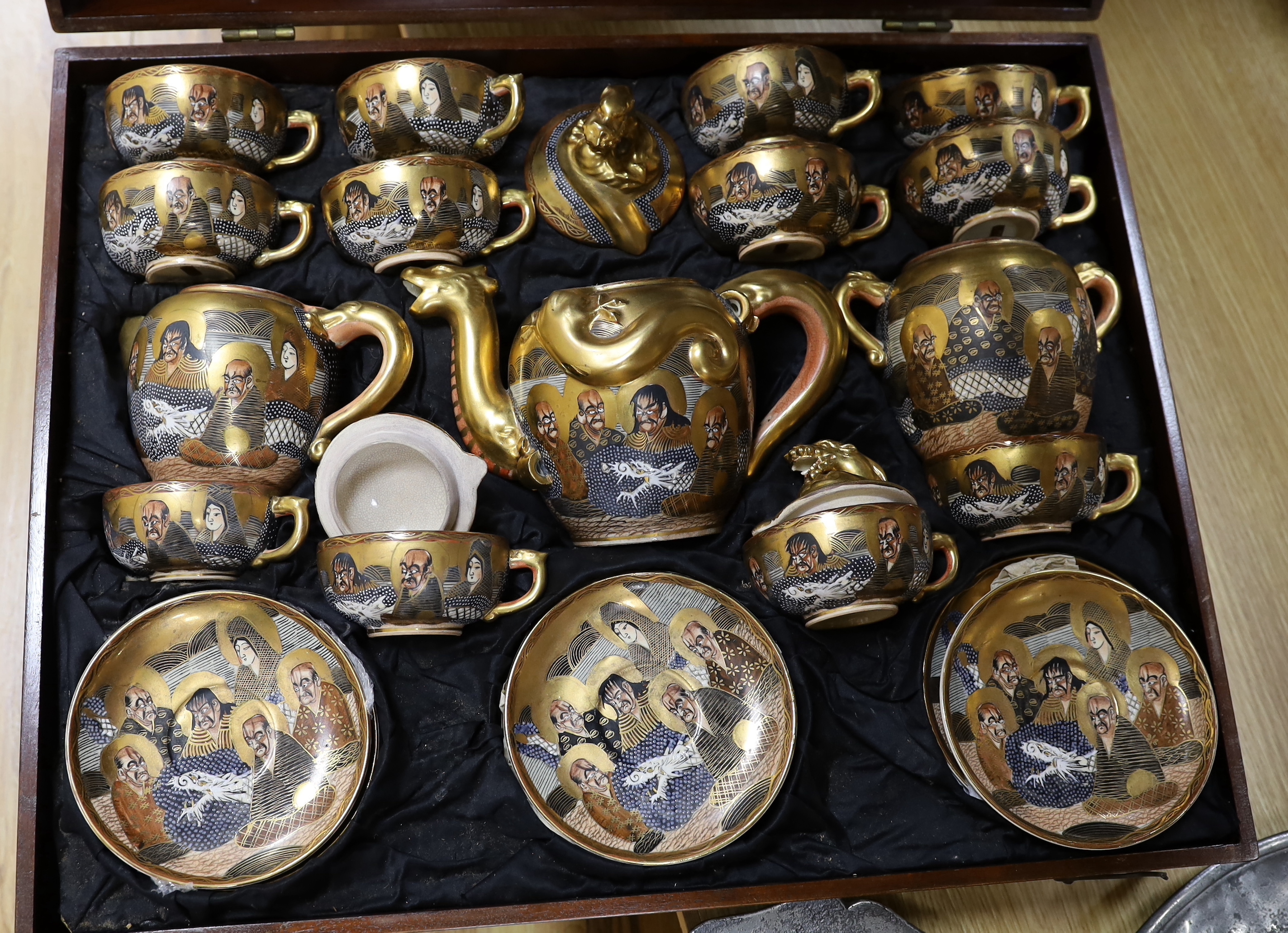 A large mahogany cased set of early 20th century Satsuma teaware